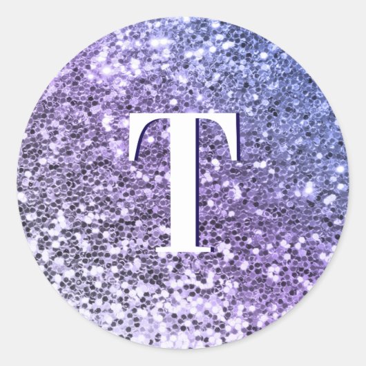 Paarse Ombre Klomp Glitter Monogram Ronde Sticker (Voorkant)