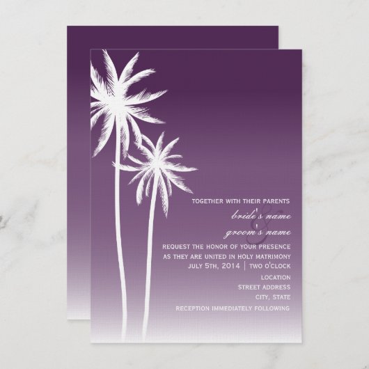 Paarse ombré palm Trees Beach Wedding Kaart (Voorkant / Achterkant)