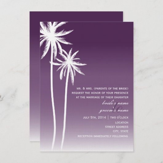 Paarse ombré palm Trees Beach Wedding Kaart (Voorkant / Achterkant)