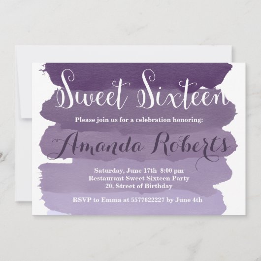Paarse ombre waterverf modern Sweet 16 Kaart (Voorkant)