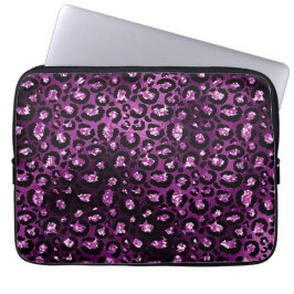 Paarse Ombre & Zwarte Glam Glitter Luipaard Vlekke Laptop Sleeve
