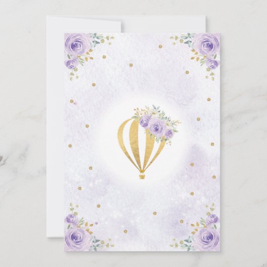 Paarse omhoog en weg hete luchtballon Baby shower Kaart (Achterkant)