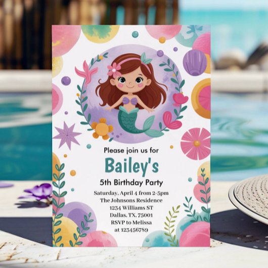 Paarse onder het Zee zeemeermin 5e verjaardagsfees Kaart
