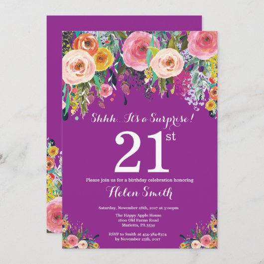 Paarse onderneming Floral 21e uitnodiging (Voorkant / Achterkant)