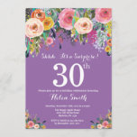 Paarse onderneming Floral 30th Birthday Uitnodigin Kaart<br><div class="desc">Paarse Floral Surprise 30th Birthday Invitation for Women. Waterverf Floral Flower. Paarse Lila Lavender Violet Background Roze, geel, Oranje, Paars ventilator. Volwassen verjaardag. 13e 15e 16e 18e 21e 30e 40e 50e 60e 70e 90e 100e, Alle leeftijden. Voor verdere aanpassing, te klikken gelieve de knoop "van de Aanpassing het"en ons ontwerphulpmiddel...</div>