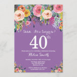 Paarse onderneming Floral 40th Birthday Uitnodigin Kaart<br><div class="desc">Paarse Floral Surprise 40th Birthday Invitation for Women. Waterverf Floral Flower. Paarse Lila Lavender Violet Background Roze, geel, Oranje, Paars ventilator. Volwassen verjaardag. 13e 15e 16e 18e 21e 30e 40e 50e 60e 70e 90e 100e, Alle leeftijden. Voor verdere aanpassing, te klikken gelieve de knoop "van de Aanpassing het"en ons ontwerphulpmiddel...</div>