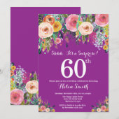 Paarse onderneming Floral 60th Birthday Uitnodigin Kaart (Voorkant / Achterkant)