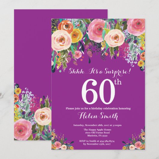 Paarse onderneming Floral 60th Birthday Uitnodigin Kaart (Voorkant / Achterkant)