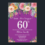 Paarse onderneming Floral 60th Birthday Uitnodigin Kaart<br><div class="desc">Paarse Floral Surprise 60th Birthday Invitation for Women. Waterverf Floral Flower. Paarse Lila Lavender Violet Background Roze, geel, Oranje, Paars ventilator. Volwassen verjaardag. 13e 15e 16e 18e 21e 30e 40e 50e 60e 70e 90e 100e, Alle leeftijden. Voor verdere aanpassing, te klikken gelieve de knoop "van de Aanpassing het"en ons ontwerphulpmiddel...</div>