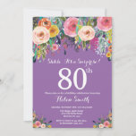 Paarse onderneming Floral 80th Birthday Uitnodigin Kaart<br><div class="desc">Paarse Floral Surprise 80th Birthday Invitation for Women. Waterverf Floral Flower. Paarse Lila Lavender Violet Background Roze, geel, Oranje, Paars ventilator. Volwassen verjaardag. 13e 15e 16e 18e 21e 30e 40e 50e 60e 70e 90e 100e, Alle leeftijden. Voor verdere aanpassing, te klikken gelieve de knoop "van de Aanpassing het"en ons ontwerphulpmiddel...</div>