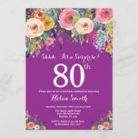 Paarse onderneming Floral 80th Birthday Uitnodigin Kaart<br><div class="desc">Paarse Floral Surprise 80th Birthday Invitation for Women. Waterverf Floral Flower. Paarse Lila Lavender Violet Background Roze, geel, Oranje, Paars ventilator. Volwassen verjaardag. 13e 15e 16e 18e 21e 30e 40e 50e 60e 70e 90e 100e, Alle leeftijden. Voor verdere aanpassing, te klikken gelieve de knoop "van de Aanpassing het"en ons ontwerphulpmiddel...</div>