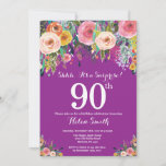 Paarse onderneming Floral 90th Birthday Uitnodigin Kaart<br><div class="desc">Paarse Floral Surprise 90th Birthday Invitation for Women. Waterverf Floral Flower. Paarse Lila Lavender Violet Background Roze, geel, Oranje, Paars ventilator. Volwassen verjaardag. 13e 15e 16e 18e 21e 30e 40e 50e 60e 70e 90e 100e, Alle leeftijden. Voor verdere aanpassing, te klikken gelieve de knoop "van de Aanpassing het"en ons ontwerphulpmiddel...</div>