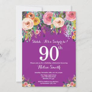 Paarse onderneming Floral 90th Birthday Uitnodigin Kaart