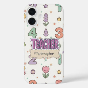 Paarse Onderwijzer School Nummers Patroon iPhone 16 Hoesje