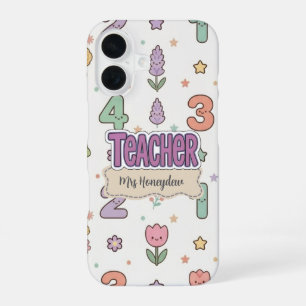 Paarse Onderwijzer School Nummers Patroon iPhone 16 Hoesje