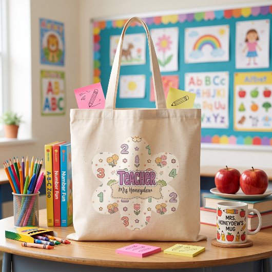 Paarse Onderwijzer School Nummers Patroon  Tote Bag