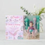 Paarse ONEder Het Zee Zeemeermin Verjaardagsfoto Kaart (Staand voorkant)