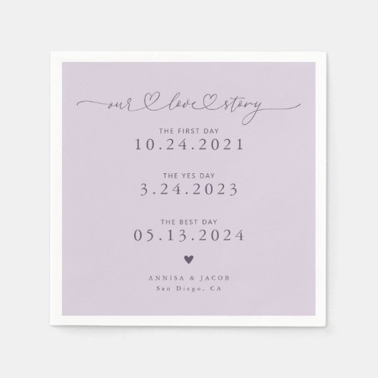 Paarse Onze Liefde Verhaal Script Hearts Wedding Servet (Voorkant)