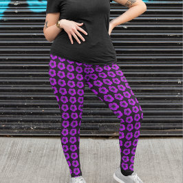 Paarse Ooievaarsbek op Zwarte Bloemmotief Leggings