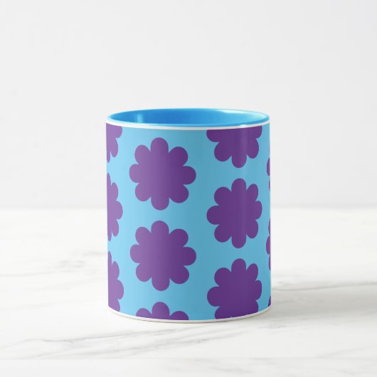 Paarse op Aqua Blue Retro Flower Art Mok Cup (Midden)