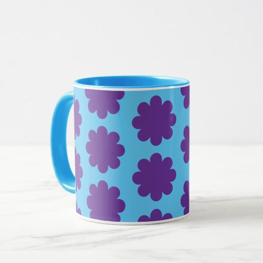 Paarse op Aqua Blue Retro Flower Art Mok Cup (Voorkant links)