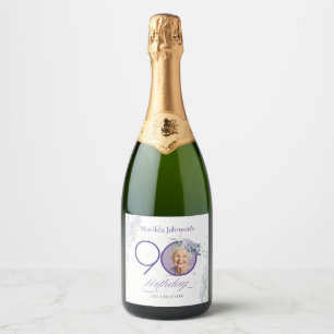 Paarse op maat gemaakte foto bloemige 90e verjaard sparkling wijnetiket