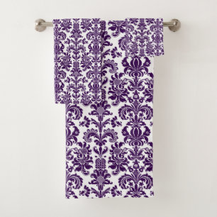 Paarse op witte  bloemdamastpatroon bad handdoek