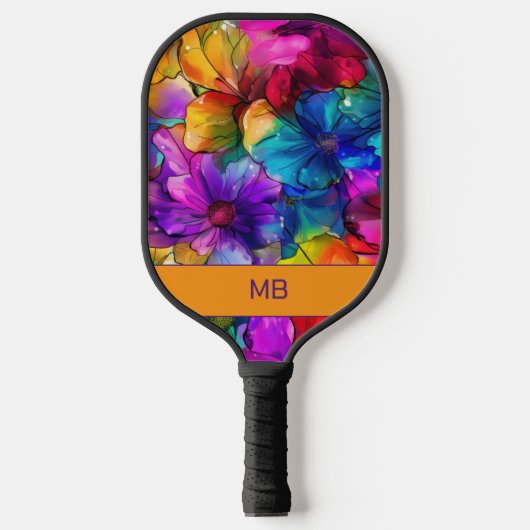 Paarse Oranje Blauwe Alcoholinkt Floral Monogram Pickleball Paddle (Voorkant)