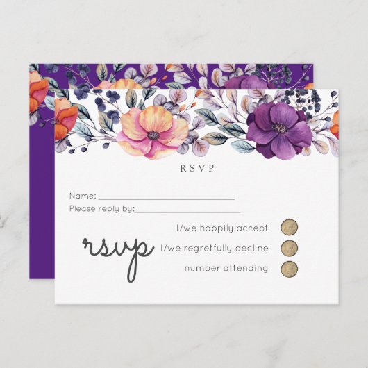 Paarse Oranje Bloemen Bruiloft RSVP Uitnodiging Briefkaart (Voorkant / Achterkant)
