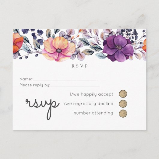 Paarse Oranje Bloemen Bruiloft RSVP Uitnodiging Briefkaart (Voorkant)