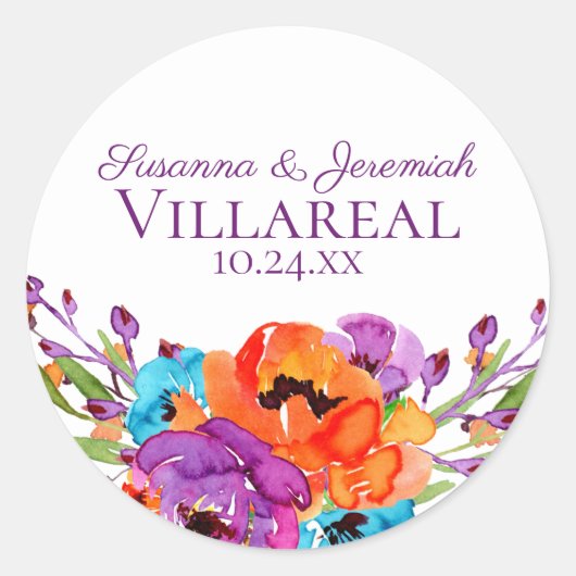 Paarse Oranje Bloemen Waterverf Bruiloft Ronde Sticker (Voorkant)