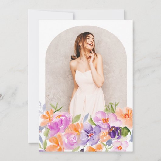  paarse oranje bloemenschrift afstuderen kaart (Achterkant)