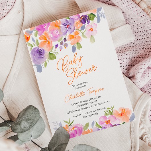  paarse oranje bloemenschrift baby shower kaart
