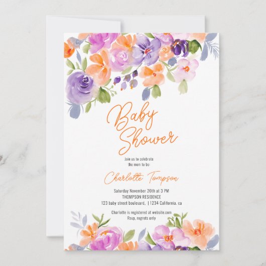  paarse oranje bloemenschrift baby shower kaart (Voorkant)