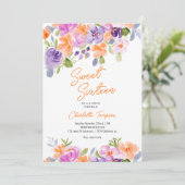  paarse oranje bloemenschrift Sweet 16 Kaart (Staand voorkant)