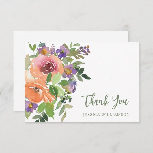Paarse Oranje Bloemige Aangepaste Bruidsdouche Pla Bedankkaart (Voorkant / Achterkant)