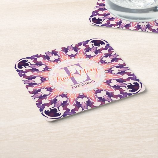 Paarse Oranje Bluebell Sun Monogram Papier Onderze Kartonnen Onderzetters (Schuin)