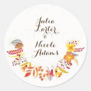 Paarse Oranje Boho Wilde Bloemenen Foliage Bruilof Ronde Sticker