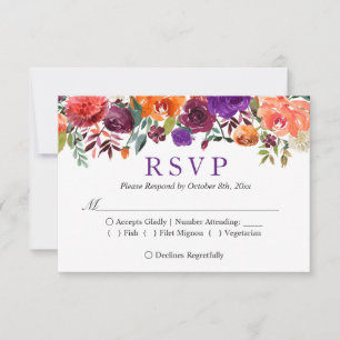 Paarse Oranje Bourgogne Floral Fall Wedding RSVP