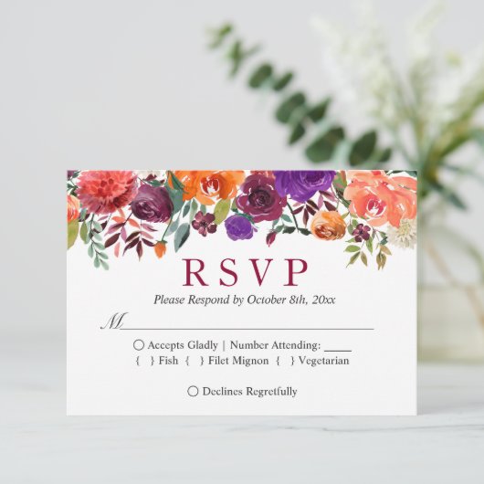 Paarse Oranje Bourgogne RSVP Kaartje (Staand voorkant)