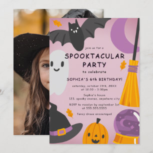 Paarse Oranje Cute Foto Halloween Kinderverjaardag Kaart