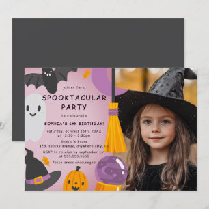 Paarse Oranje Cute Halloween Kinderverjaardag Foto Kaart