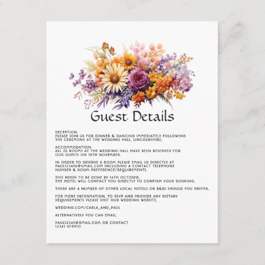 Paarse, Oranje en Gele Bloemen Gast Details Informatiekaartje (Voorkant)