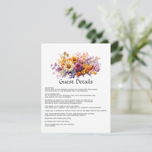 Paarse, Oranje en Gele Bloemen Gast Details Informatiekaartje (Staand voorkant)