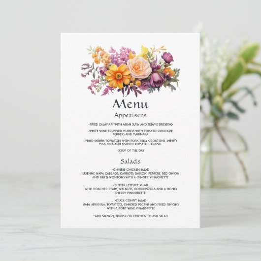 Paarse, Oranje en Gele Bloemen Gast Details Menu (Staand voorkant)