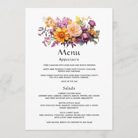 Paarse, Oranje en Gele Bloemen Gast Details Menu (Voorkant)