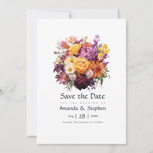 Paarse, Oranje en gele bloemenbruiloft Save The Date (Voorkant)