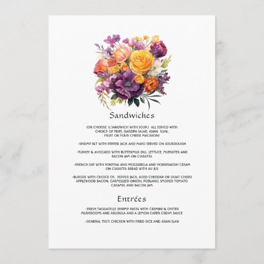 Paarse, oranje en gele bloemige gastdetails menu (Achterkant)