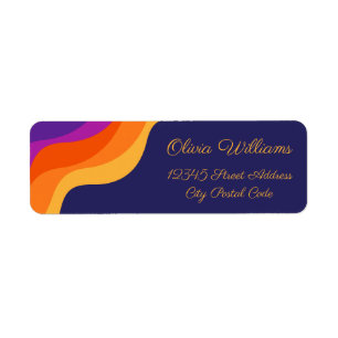 Paarse oranje en gele retro diagonale golven etiket