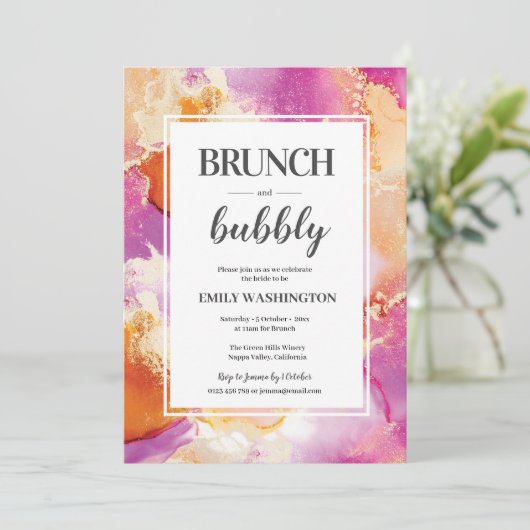 Paarse, oranje en gouden brunch & bubbeluitnodigin kaart (Staand voorkant)